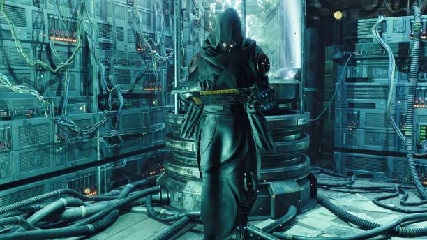 istock A cyber man in a cassock is working on a computer in his high-tech laboratory. image for futuristic, fiction and sci-fi backgrounds. A view of a cyborg in his laboratory of the future. 3D rendering 1337930643