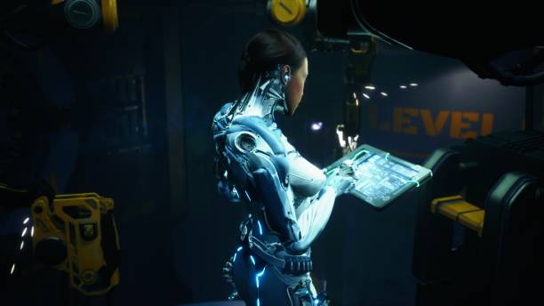 istock Robot girl works with a computer tablet in her laboratory. The woman was created using 3D computer graphics. 3D rendering. The image is perfect for fiction, cyber and sci-fi backgrounds. 1337930660
