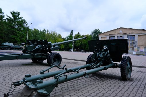 Moscow oblast, Russia - September 02, 2021: Military equipment installed as a memorial on town square