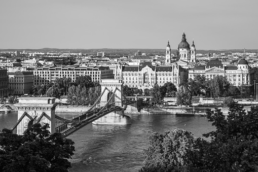 Budapest city with Szechenyi Chain Bridge , Hungary. Black and white photography