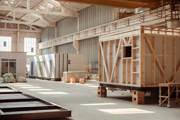 Building under construction with prefabricated containers and cabins stock photo