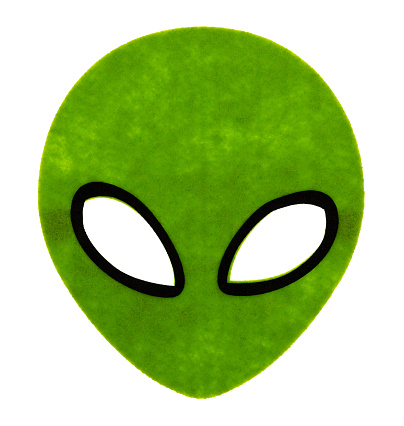 Oval shaped green and black alien mask isolated on a white background.