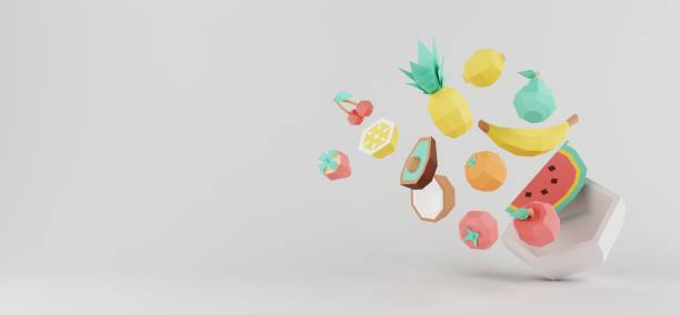 istock Low poly bowl of flying fruit in bright colors. 3D render 1337953813