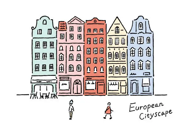 Vector illustration of European cityscape pen drawing