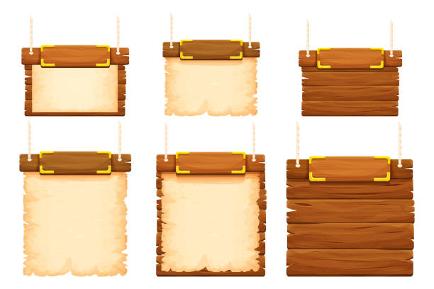 istock Set wood frames, banners with gold details, old parchment and rope in cartoon style isolated on white background. Collection ancient signboard. Ui game asset. Vector illustration 1337956054