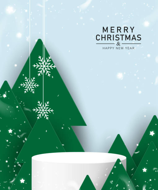 ilustrações de stock, clip art, desenhos animados e ícones de stage podium decorated with christmas tree, snow, snowflakes, star. pedestal scene with for product, advertising, show, award ceremony, on light blue background. winter background.vector illustration. - white green colors paper