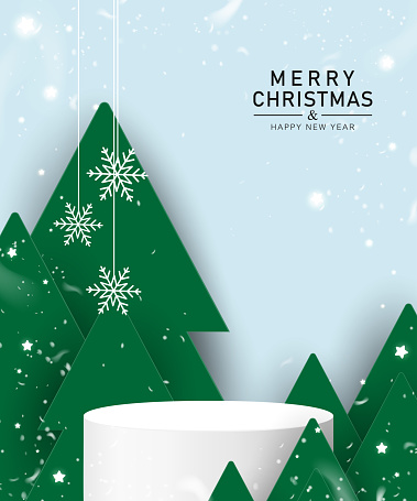 Stage podium decorated with Christmas tree, snow, snowflakes, star. Pedestal scene with for product, advertising, show, award ceremony, on light blue background. Winter background.Vector illustration.