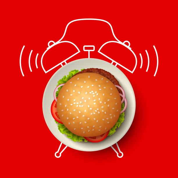 hamburger na białym talerzu i sylwetka budzika na tle - lunch clock healthy eating plate stock illustrations