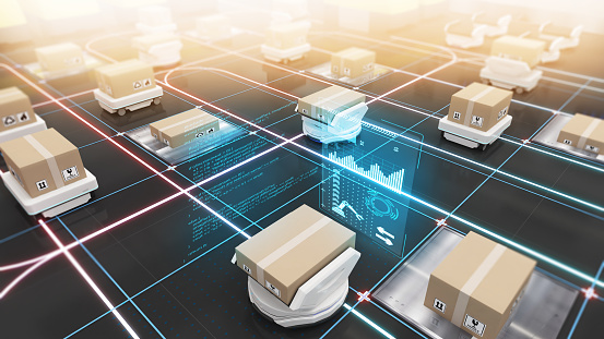 Robot transportation and cargo handling,using automation in product management,Warehousing and Technology Connections,3d rendering