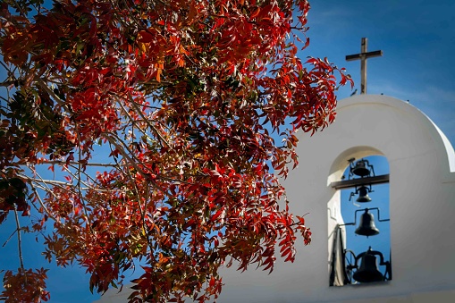 Winter leaves on a tree in front of the San Elizario Mission near El Paso, Texas, built in 1877, and the newest of the three Spanish missions on El Paso's Mission Trail.