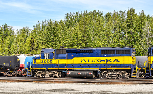 May 31, 2021 Anchorage, Alaska. The Alaska rail cars are at rest in the yard. For now they sit and get repairs that they need until they are called back to service. Soon these trains will haul cargo and people to destinations across the great state of Alaska.