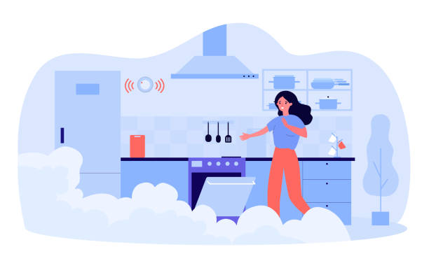 Frightened woman opening oven in smoky kitchen Frightened woman opening oven in smoky kitchen. Flat vector illustration. Girl spoiling dinner, forgetting to turn off oven in time. Cooking, food, fire, safety concept for design or landing page appliance fire stock illustrations