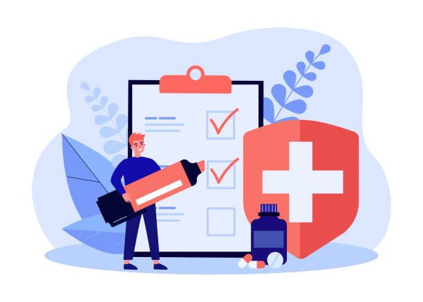 Registration of medical insurance flat vector illustration Registration of medical insurance flat vector illustration. Tiny man marking items on giant list of conditions, fulfillment of medical orders with marker. Medicine, insurance, health concept patient patterns stock illustrations