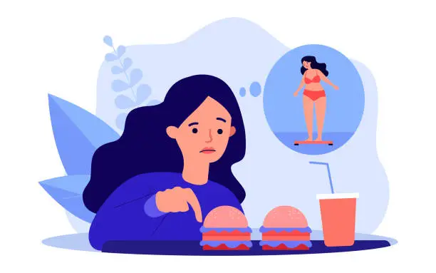 Vector illustration of Girl worrying about her appearance, eating fast food