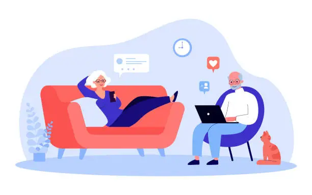 Vector illustration of Elderly couple resting in living room using gadgets