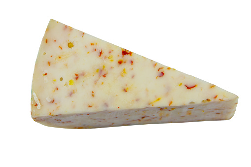 Piece of cheese with chilli pepper isolated on a white background