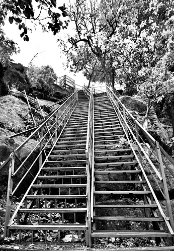 A steep metal stairway leading to the top of a hill, Pachmarhi, Madhya Pradesh