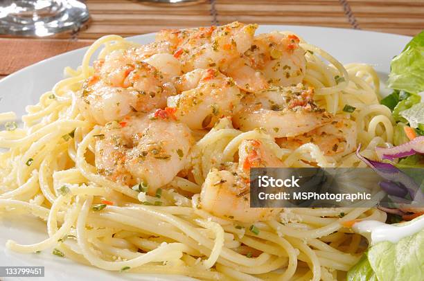 Shrimp Scampi On Pasta Stock Photo - Download Image Now - Butter, Cheese, Close-up