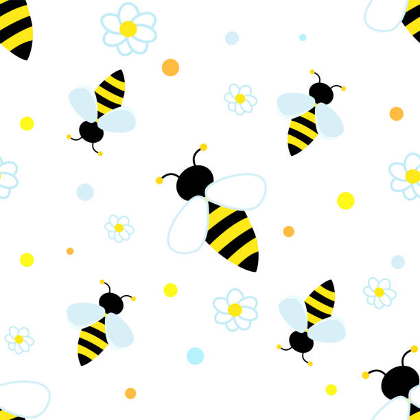 Bee around white flowers chamomile. Vector Seamless pattern. Bee around white flowers chamomile. Vector Seamless pattern. Children repeating pattern with cute bee in meadow. hornet swarm stock illustrations