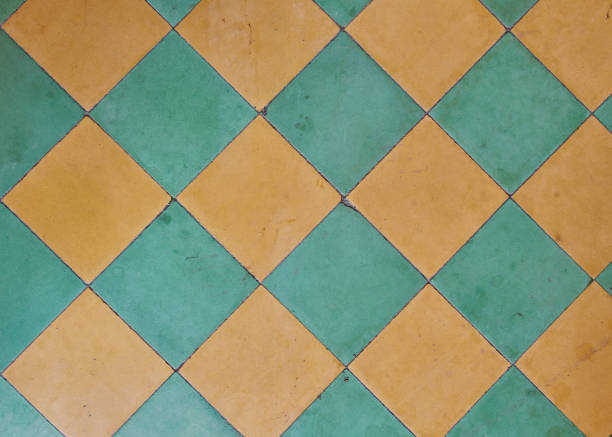 Decorative tiles with yellow and light blue green colors with purple forming a pattern