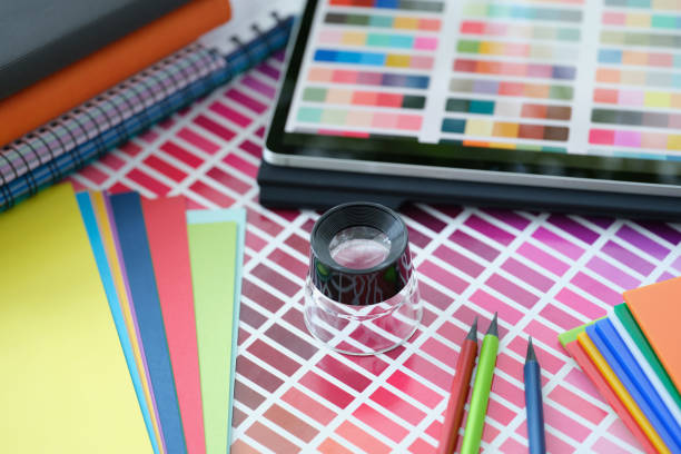 istock Reference catalog of color palette of paint swatches on table 1337998424