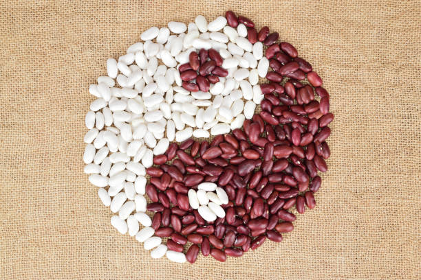 Yin yang symbol laid out from white and red beans on a mat. Food harmony concept.
