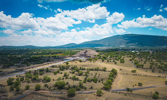 Aerial view showing of the Avenue of the Dead and the Pyramid of the Moon. The Maya and Aztec city of Teotihuacan archaeological site is located northeast of Mexico City.
