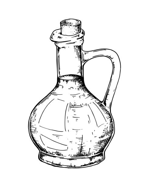 ilustraciones, imágenes clip art, dibujos animados e iconos de stock de botella de vidrio dibujada a mano con aceite de oliva. ilustración vectorial en estilo de boceto - decanter