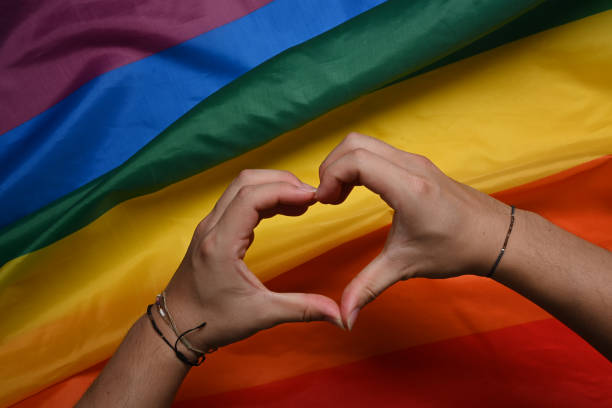 istock Hand making a heart sign over LGBT rainbow flag. 1338002179
