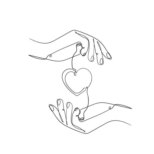 ręcznie rysowany doodle hand giving and receiving love illustration in continuous line art style - couple stock illustrations