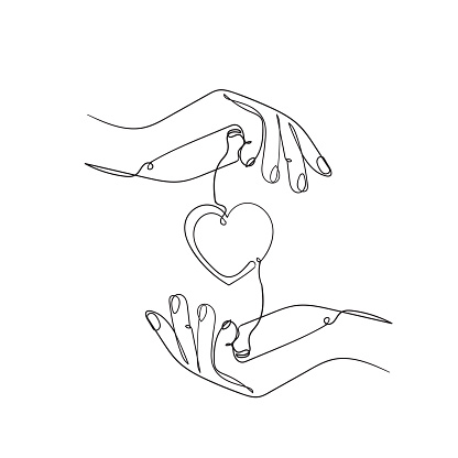 hand drawn doodle hand giving and receiving love illustration in continuous line art style