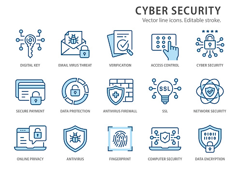Cyber security icons, such as email virus threat, digital key, verification and more. Change to any size and any colour.