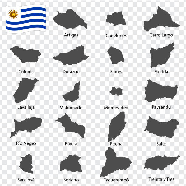우루과이의 19지도 부서 - 이름알파벳 순서. 리전의 모든 맵은 문구와 제목으로 나열되고 격리됩니다.  우루과이 의 동양 공화국. eps 10. - oriental republic of uraguay stock illustrations
