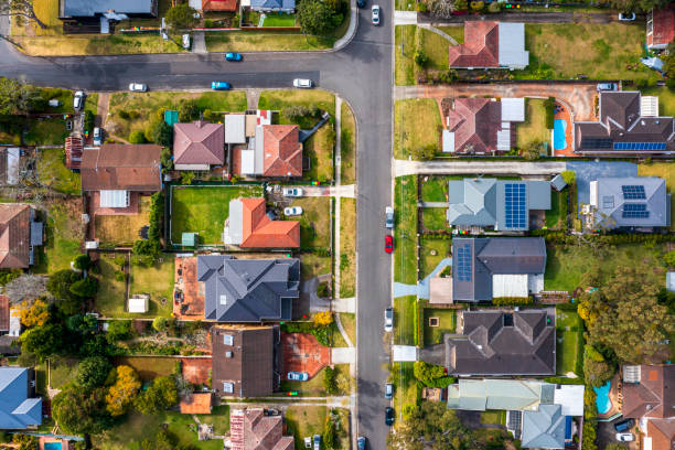 Sydney Suburb overhead perspective roof tops stock photo