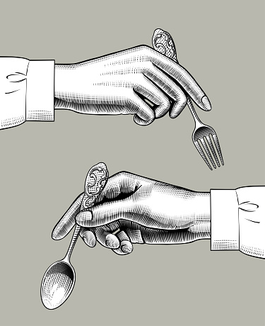 Two female hands with spoon and fork. Vintage engraving stylized drawing. Vector illustration