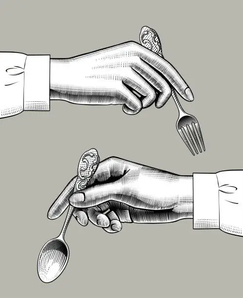 Vector illustration of Two female hands with spoon and fork