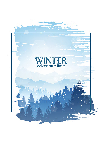 Winter mountains landscape. Isolated white frame brush strokes. Travel, discovering, exploring, observing nature. Hiking tourism. Adventure. Polygonal flat design graphic poster. Vector illustration