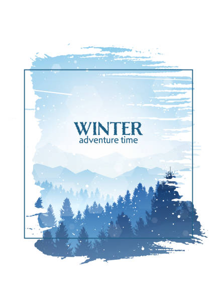 Winter mountains landscape. Isolated white frame brush strokes. Travel, discovering, exploring, observing nature. Hiking tourism. Adventure. Polygonal flat design graphic poster. Vector illustration Winter mountains landscape. Isolated white frame brush strokes. Travel, discovering, exploring, observing nature. Hiking tourism. Adventure. Polygonal flat design graphic poster. Vector illustration mountain borders stock illustrations