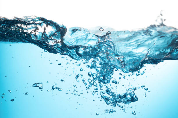 istock Blue Water Splash with Bubbles Float up on White Background. Water Wave 1338006627