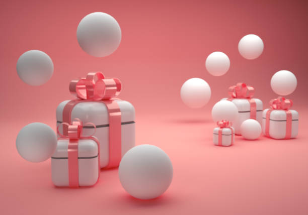 istock White gift boxes with rose pink bow on pink background with white balloons, 3D Illustration 1338006666