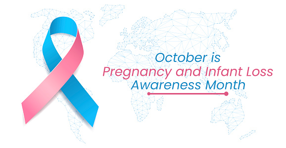 Pregnancy and Infant Loss Awareness Month concept. Banner with blue and pink ribbon awareness and text. Vector illustration.