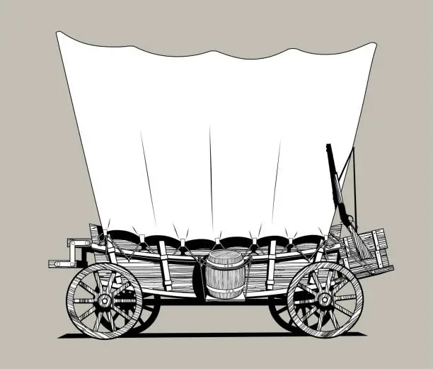 Vector illustration of Linear black and white drawing of a Wild West covered wagon