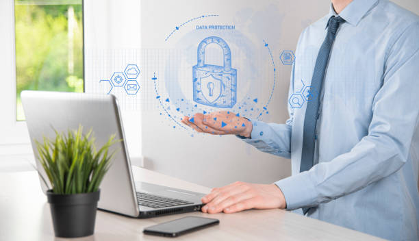 istock Cyber security network. Padlock icon and internet technology networking. Businessman protecting data personal information on tablet and virtual interface. Data protection privacy concept. GDPR. EU. 1338007815