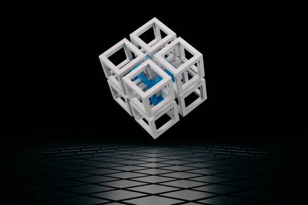 3D rendered image of blockchain technology (digital cryptocurrency) levitating on black shiny tiled floor and dark background
