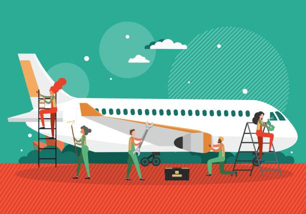 People cleaning, painting, fixing plane. Aircraft inspection before flight. Airplane maintenance, repair service, vector People, technician, mechanic cartoon characters cleaning, painting and fixing plane, flat vector illustration. Aircraft inspection before flight. Airplane maintenance and repair service. airplane mechanic stock illustrations