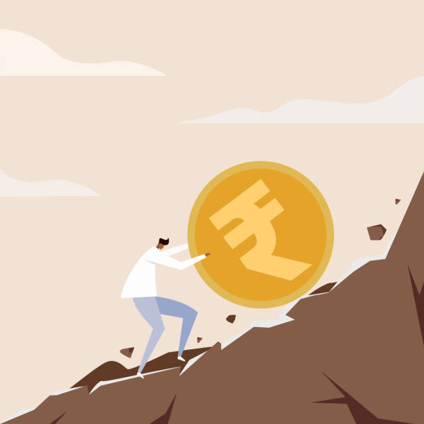 An man trying hard to push the Rupee coin uphill vector art illustration