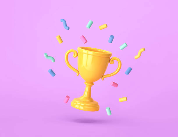 Cartoon winners trophy, champion cup with falling confetti Cartoon winners trophy, champion cup with falling confetti on purple background. 3D rendering championship stock pictures, royalty-free photos & images