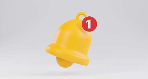 Isolate of Yellow notification bell icon alert when new message or new release VDO on white background for mobile phone and application message by 3d rendering technique.