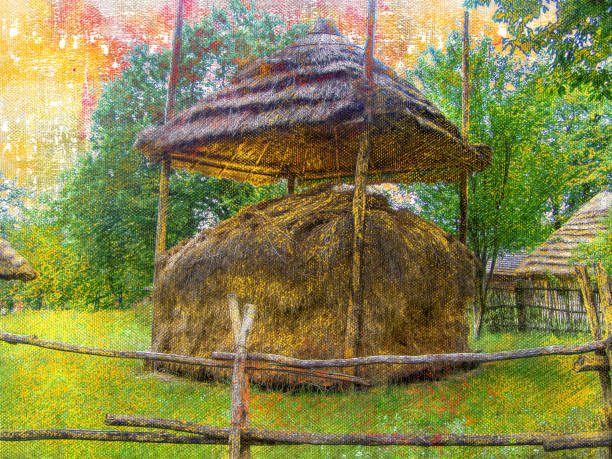 życie na wsi. suchy stóg siana pod drewnianym dachem. domy pod - paintings canvas cottage painted image zdjęcia i obrazy z banku zdjęć