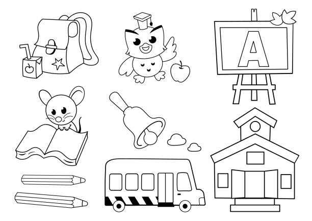 Back to School Black and white images of a back to school concept. Vector illustration. bus black and white drawings stock illustrations